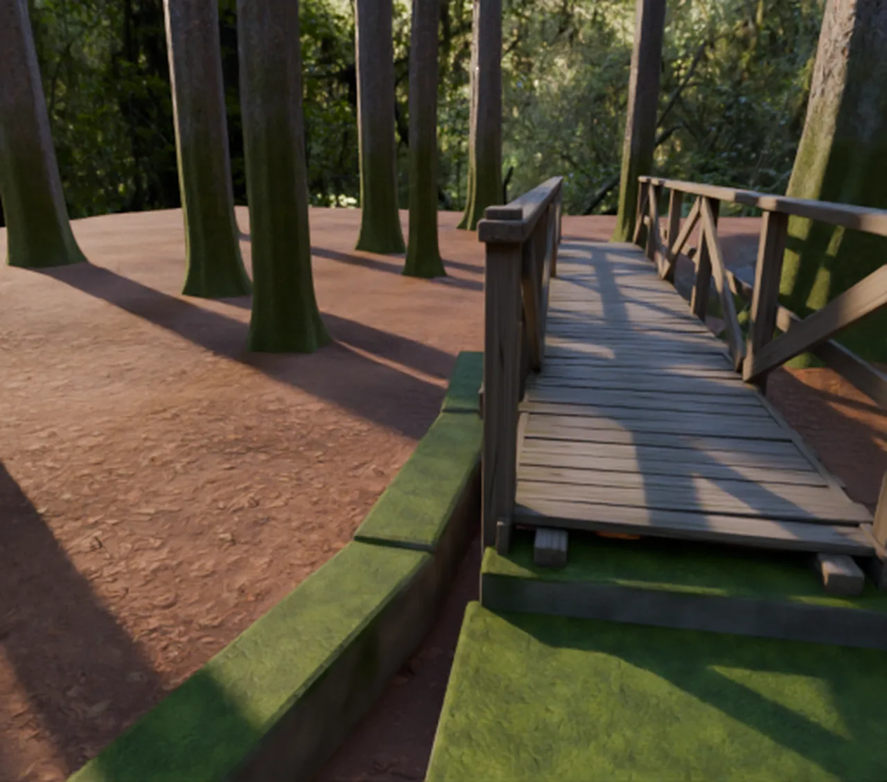 Blockout render of the same view: bridge, abutments and bare trunks