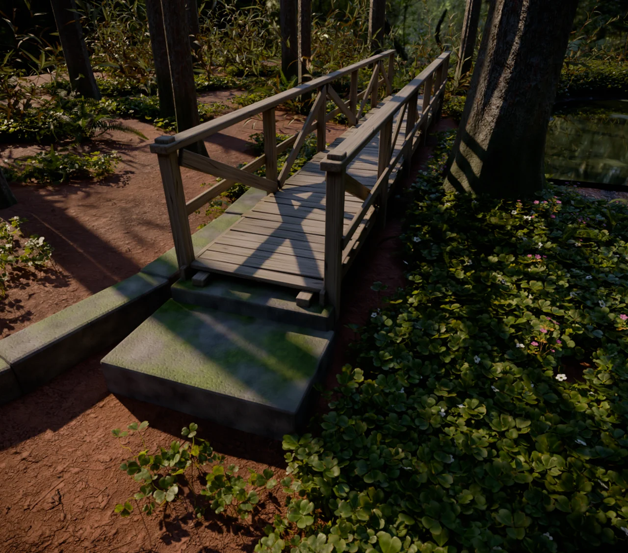 Final Cycles render: the bridge in dappled sunlight among sorrel, ferns and white flowers